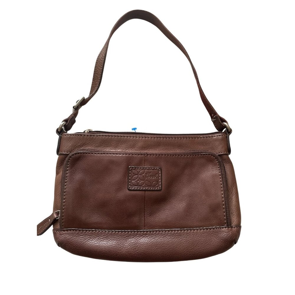 Fossil Brown Leather Handbag With Floral Interior Lining & Multiple Compartments